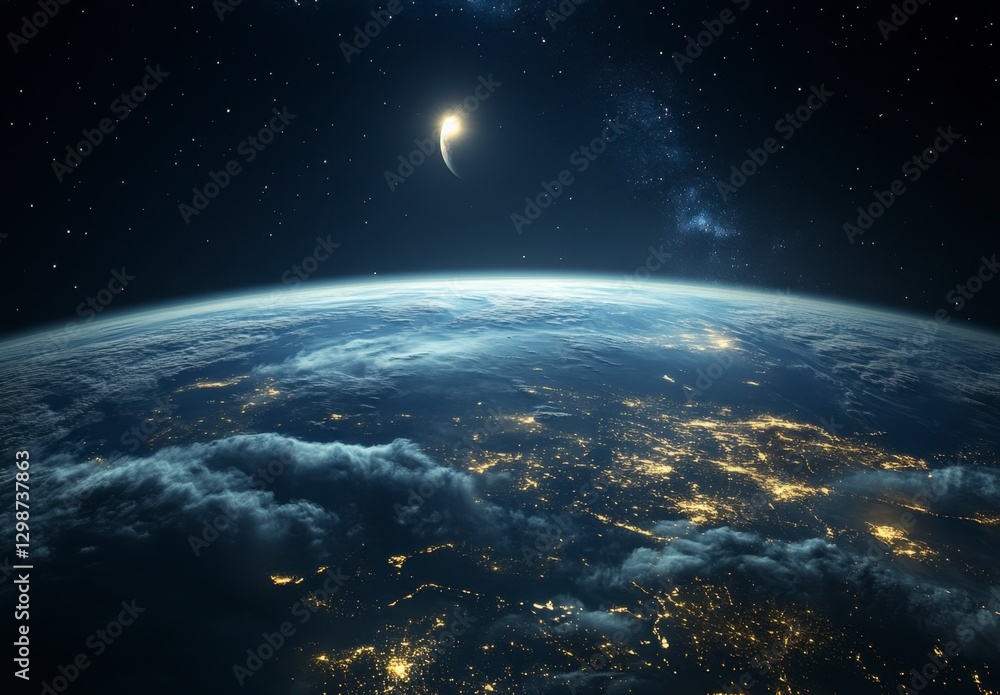 Fototapeta premium Earth View from Space with Atmospheric Clouds and Distant Moon
