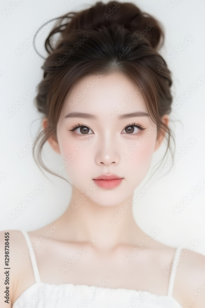 Fototapeta premium Female Asian Model with Short Hair - Young Beautiful Woman with Hair Bun - Studio Portrait of Asian Beauty for Fashion, Cosmetic, Skincare - Posing on White Background - Smooth Tied Hair