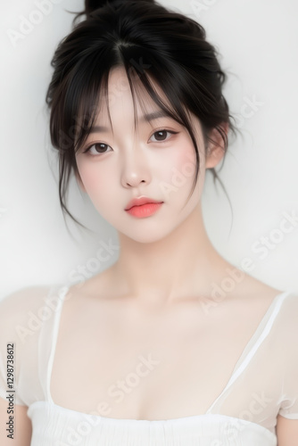 Female Asian Model with Short Hair - Young Beautiful Woman with Hair Bun - Studio Portrait of Asian Beauty for Fashion, Cosmetic, Skincare - Posing on White Background - Smooth Tied Hair