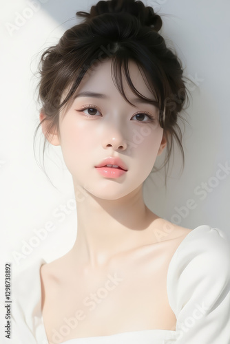 Female Asian Model with Short Hair - Young Beautiful Woman with Hair Bun - Studio Portrait of Asian Beauty for Fashion, Cosmetic, Skincare - Posing on White Background - Smooth Tied Hair