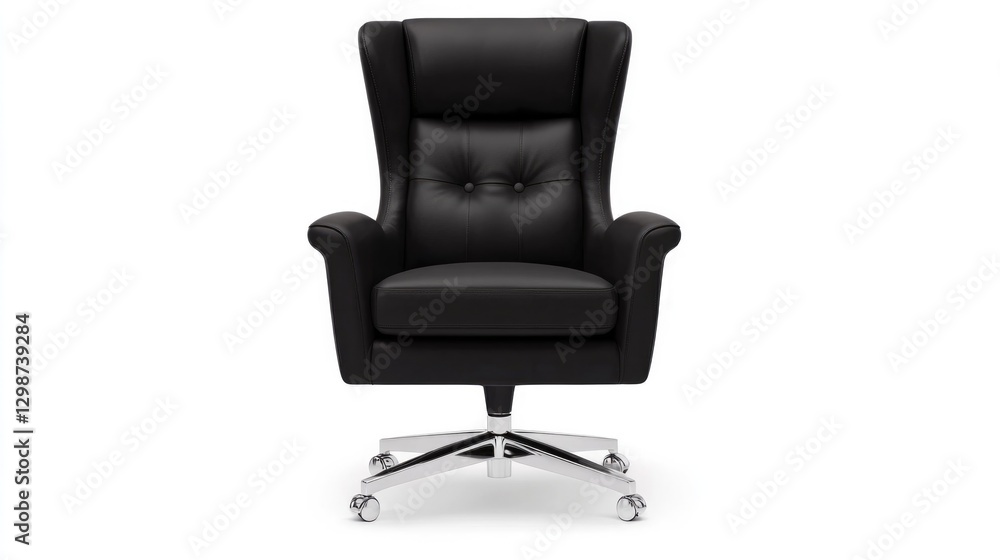 Sleek black armchair with plush cushioning and modern chrome bas Sleek black armchair with plush cushioning and modern chrome bas
