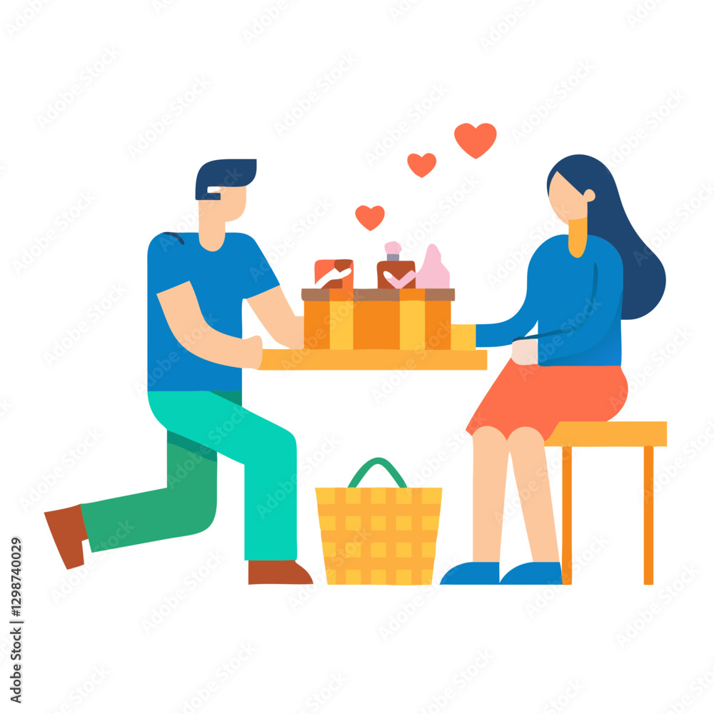 Romantic couple picnic, love and dating flat illustration for blogs, websites, Valentine's Day, social media posts
