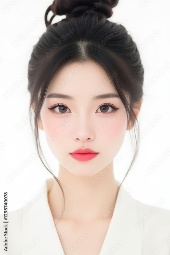 Female Asian Model with Short Hair - Young Beautiful Woman with Hair Bun - Studio Portrait of Asian Beauty for Fashion, Cosmetic, Skincare - Posing on White Background - Smooth Tied Hair Female Asian Model with Short Hair - Young Beautiful Woman with Hair Bun - Studio Portrait of Asian Beauty for Fashion, Cosmetic, Skincare - Posing on White Background - Smooth Tied Hair
