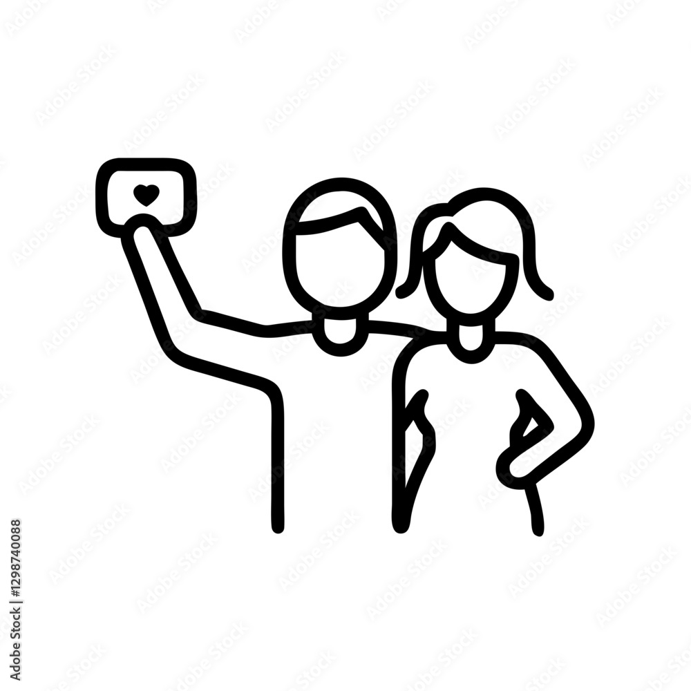 Obraz premium Couple taking selfie, black outline icon for social media, relationships, and digital communication