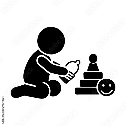 Baby playing with toys, black silhouette icon for parenting, childcare, and early childhood education