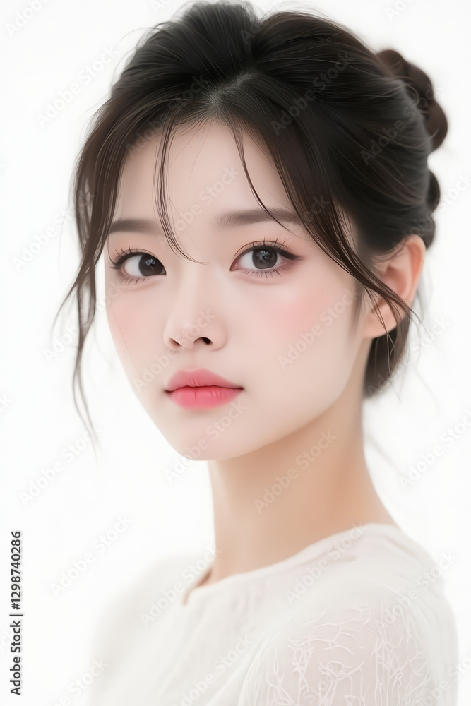 Fototapeta premium Female Asian Model with Short Hair - Young Beautiful Woman with Hair Bun - Studio Portrait of Asian Beauty for Fashion, Cosmetic, Skincare - Posing on White Background - Smooth Tied Hair