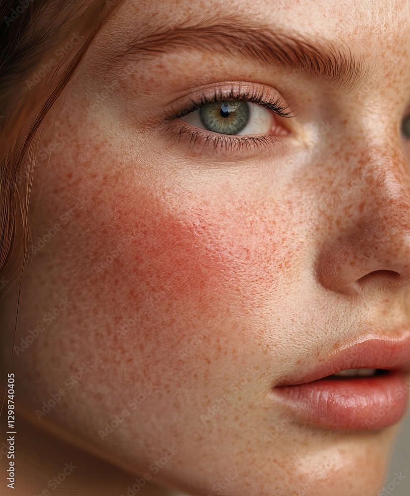 Naklejka premium A close-up portrait of a fair-skinned woman with visible redness and broken capillaries on her cheeks and nose