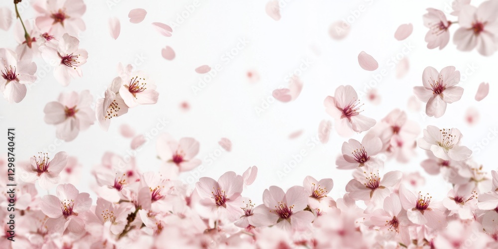 Soft Pink Cherry Blossom Petals Falling on Elegant White Background Soft Pink Cherry Blossom Petals Falling on Elegant White Background