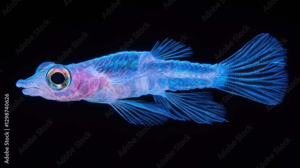 Fototapeta premium Translucent larval fish glowing with blue and pink fluorescence against a black background.