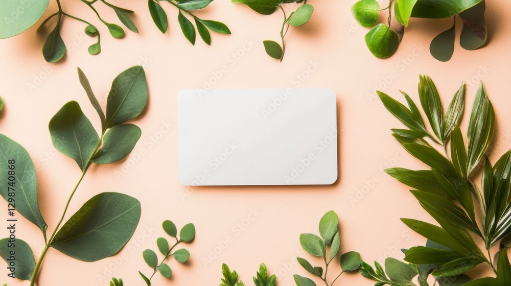 Naklejka premium Minimalist Flat Lay with Blank Card and Fresh Green Leaves