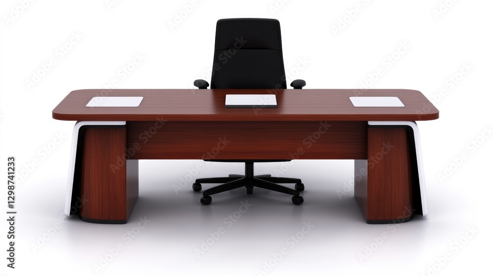 Sleek modern office desk with ergonomic chair, polished wood fin Sleek modern office desk with ergonomic chair, polished wood fin