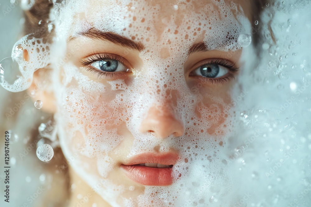 A close-up portrait of a young woman with an oxygen bubble mask foaming on her face A close-up portrait of a young woman with an oxygen bubble mask foaming on her face