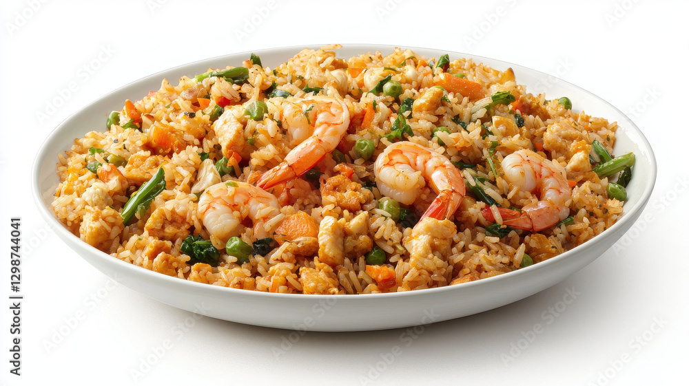 Golden fried rice with shrimp and vegetables in large bowl, delicious and colorful Golden fried rice with shrimp and vegetables in large bowl, delicious and colorful
