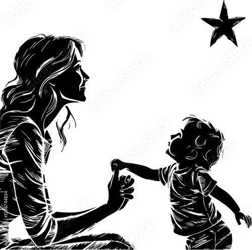 Mother and child gazing at a star in dreamy silhouette emotional connection artistic illustration whimsical setting