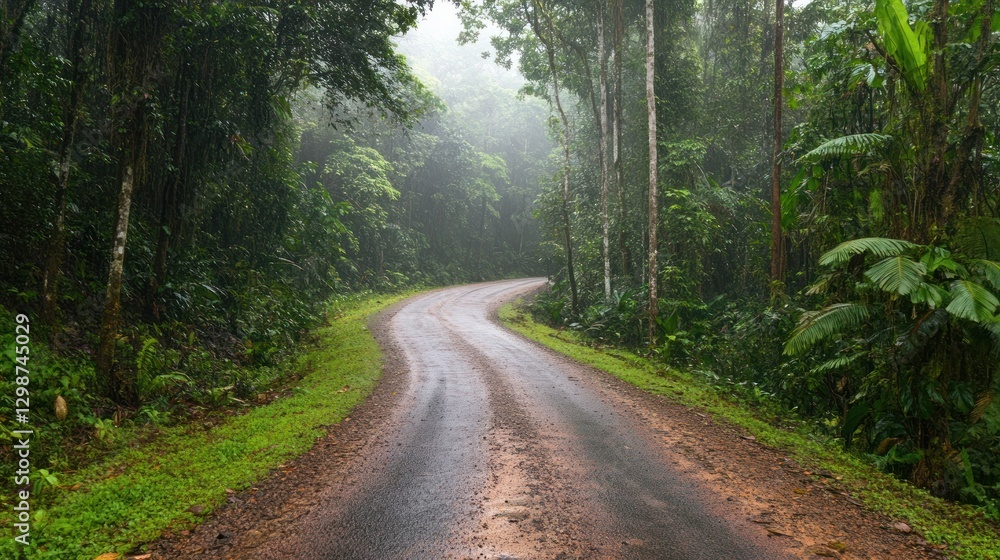 Fototapeta premium Serene Rainforest Road: A Misty Jungle Drive