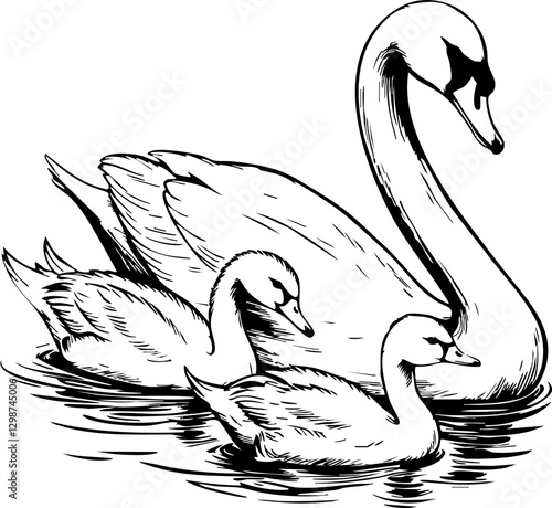 Swan family swimming gracefully in tranquil lake nature illustration serene environment artistic viewpoint