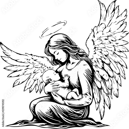 Mother cradling infant in angelic embrace serene setting artistic illustration ethereal mood close-up view love and protection