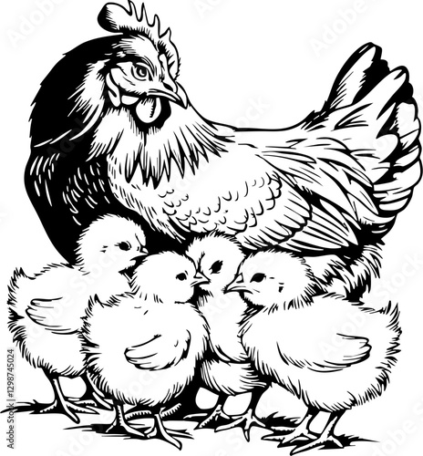 Mother hen and chicks farmyard illustration countryside side view nurturing nature