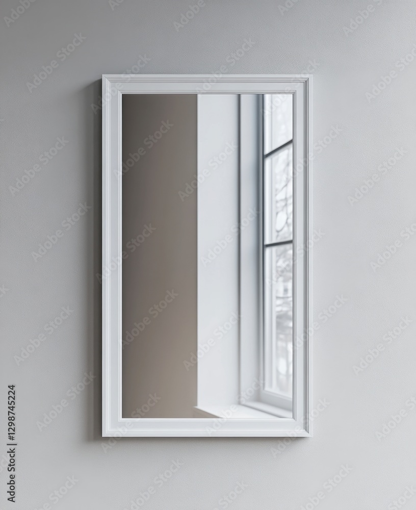 Elegant White Framed Mirror Reflecting Natural Light in Room Elegant White Framed Mirror Reflecting Natural Light in Room