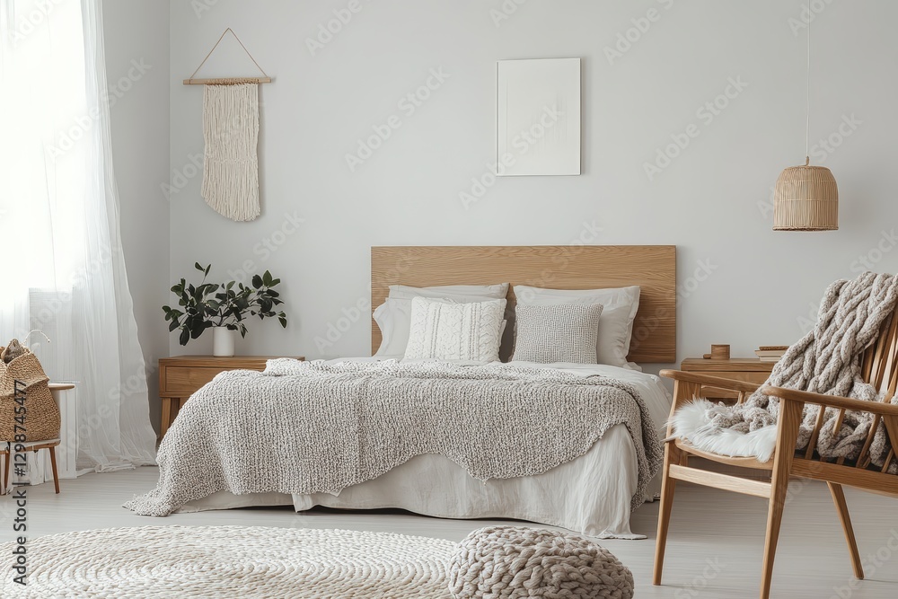 Fototapeta premium In a modern home, a Scandinavian-inspired bedroom with light wood furniture, soft textiles, and minimalist design exudes tranquility and warmth.