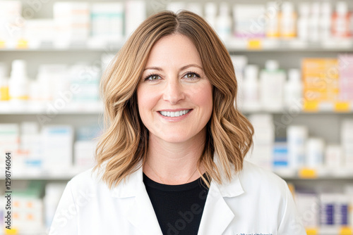 Free Download Smiling pharmacist in a pharmacy with shelves of products behind her. - GFXLoad