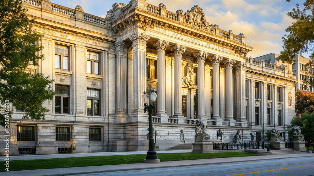 Obraz premium Historic courthouse building facade showcasing classic architecture and timeless design, symbolizing justice, heritage, and the enduring legacy of legal institutions. 