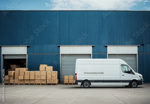 Delivery Van Parked Near Warehouses with Stacked Cardboard Boxes