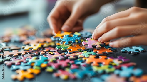 Colorful Jigsaw Puzzle Pieces Close Up Hands Solving Game Activity Brain Teaser Mind Logic Problem Solving Recreation Home Leisure Time Colorful      