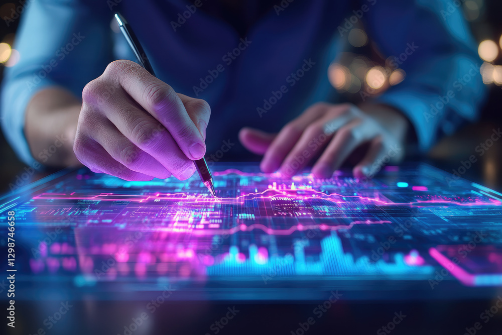 Designing creative financial strategies with glowing charts and holographic projections in a futuristic office environment from a dynamic perspective Designing creative financial strategies with glowing charts and holographic projections in a futuristic office environment from a dynamic perspective