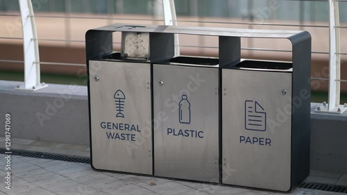 Wallpaper Mural Modern recycling bins specifically designed for sorting paper, plastic, and general waste in a public space Torontodigital.ca