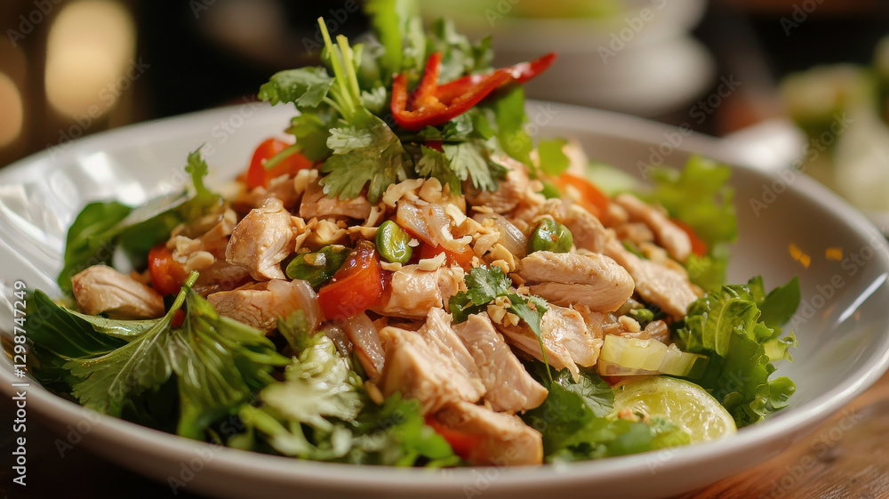 Fresh Thai chicken salad with herbs, vegetables, and zesty dressing Fresh Thai chicken salad with herbs, vegetables, and zesty dressing