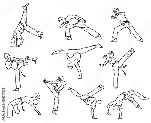  vector silhouette of a capoeira fighters