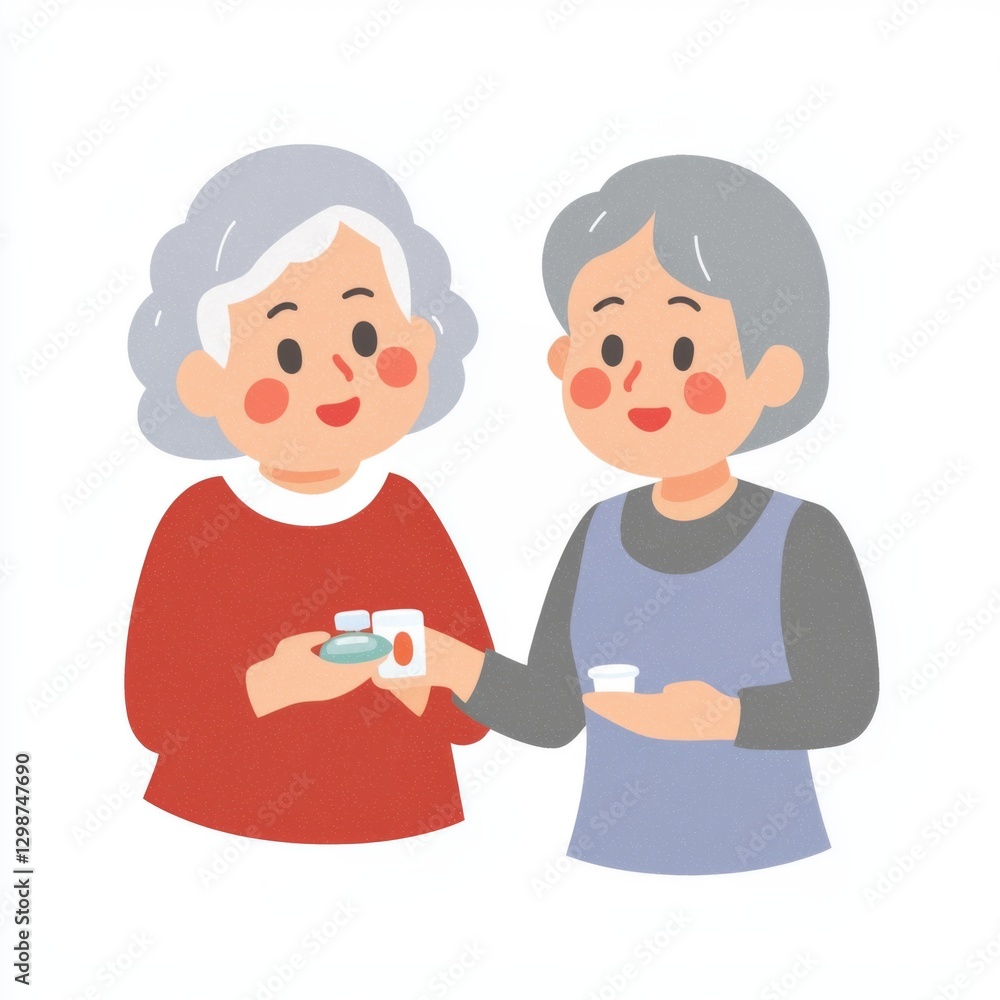 Fototapeta premium Two elderly women share a warm moment, exchanging items with smiles, showcasing friendship and care.