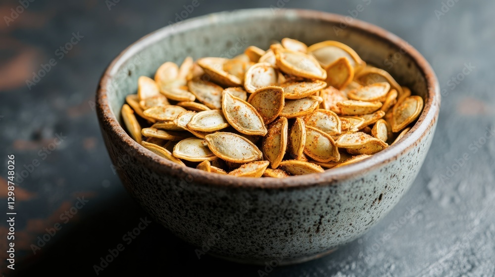 Roasted Pumpkin Seeds in Rustic Bowl on Dark Background Roasted Pumpkin Seeds in Rustic Bowl on Dark Background