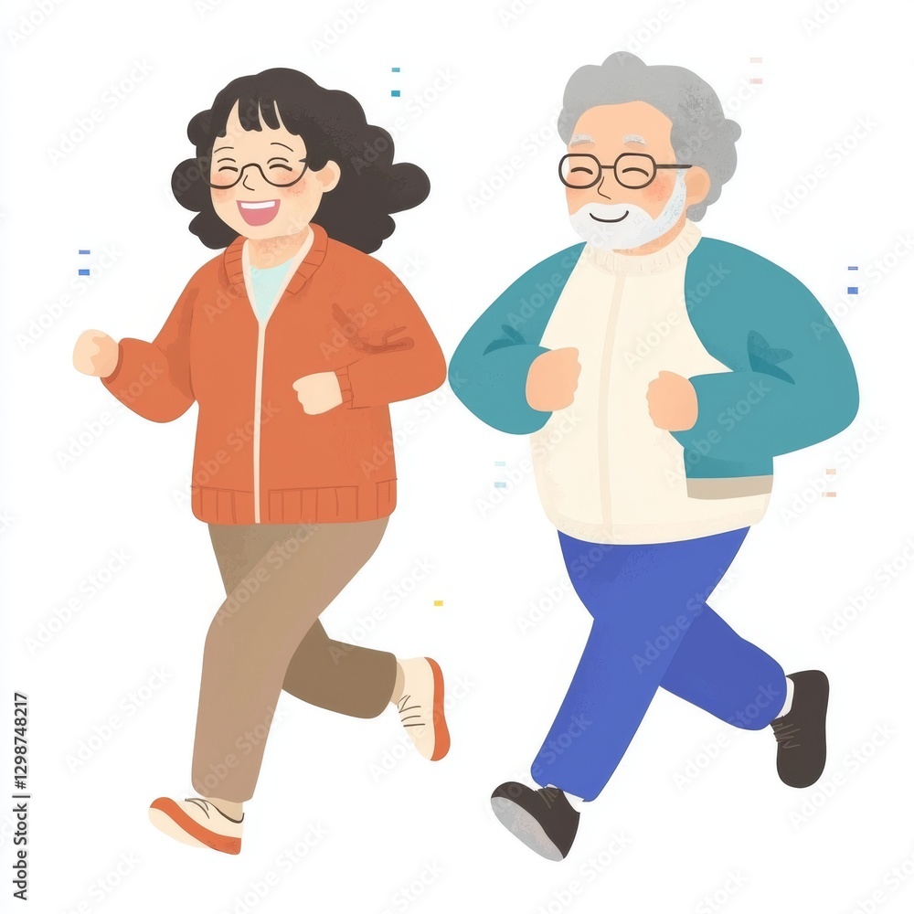 A cheerful illustration of an older couple jogging, highlighting fitness and enjoyment in later life. A cheerful illustration of an older couple jogging, highlighting fitness and enjoyment in later life.