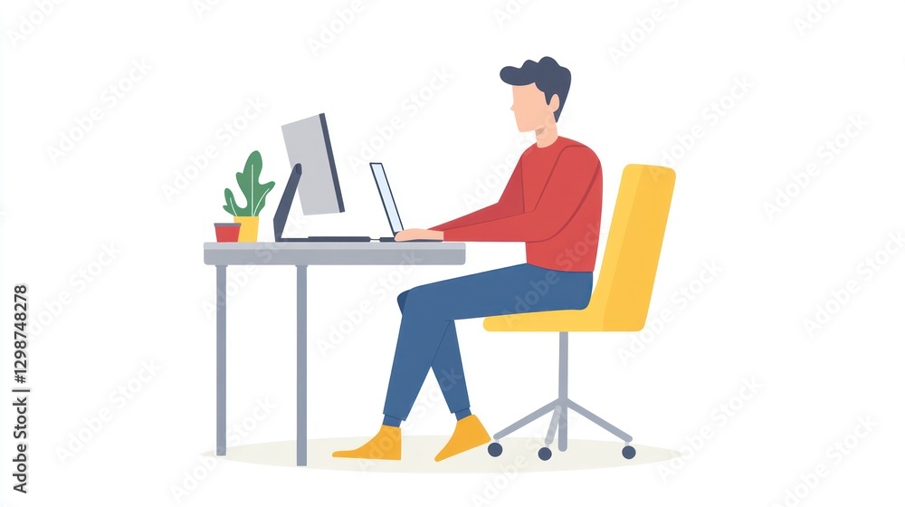 Fototapeta premium Man Working at Desk Illustration