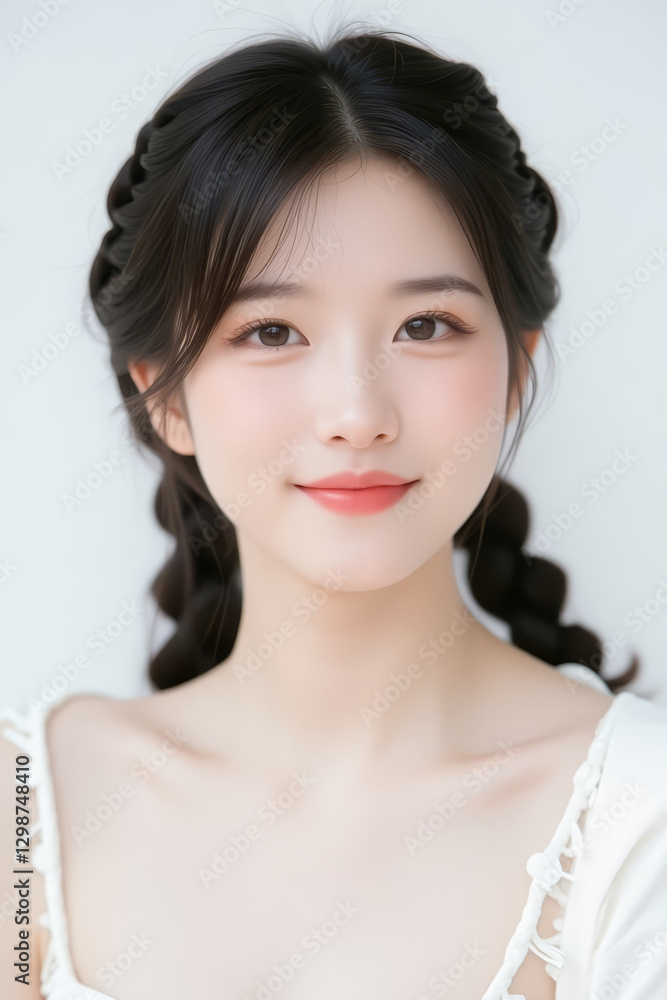 Female Asian Model with Braided Hair - Young Beautiful Woman with a Braid - Studio Portrait of Asian Beauty for Fashion, Cosmetic, Skincare - Posing on White Background - Smooth Tied Hair Female Asian Model with Braided Hair - Young Beautiful Woman with a Braid - Studio Portrait of Asian Beauty for Fashion, Cosmetic, Skincare - Posing on White Background - Smooth Tied Hair