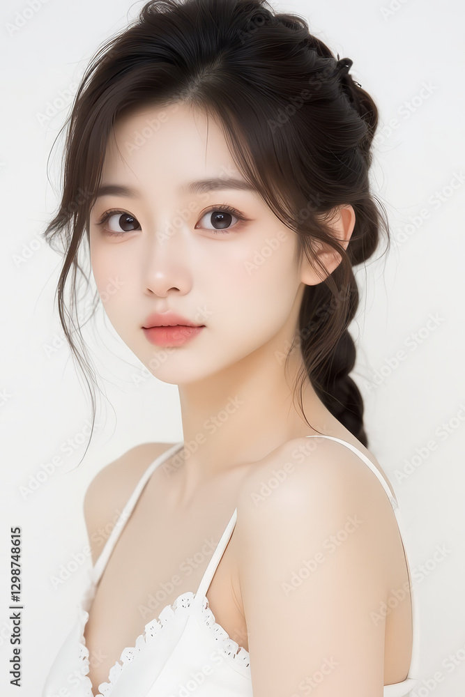 Female Asian Model with Braided Hair - Young Beautiful Woman with a Braid - Studio Portrait of Asian Beauty for Fashion, Cosmetic, Skincare - Posing on White Background - Smooth Tied Hair Female Asian Model with Braided Hair - Young Beautiful Woman with a Braid - Studio Portrait of Asian Beauty for Fashion, Cosmetic, Skincare - Posing on White Background - Smooth Tied Hair