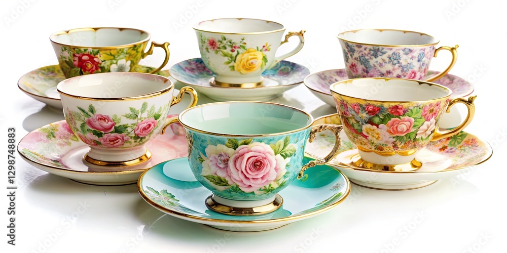 Fototapeta premium Antique tea party captured: a nostalgic collage of vintage porcelain teacups and saucers.
