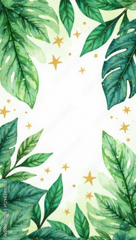 Obraz premium Abstract watercolor green leaves, gold glitter, botanical pattern, background, shiny