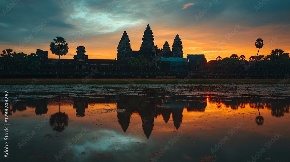 Fototapeta premium Majestic Angkor Wat Temple at Night Illuminated - Historic Khmer Architecture in Cambodia