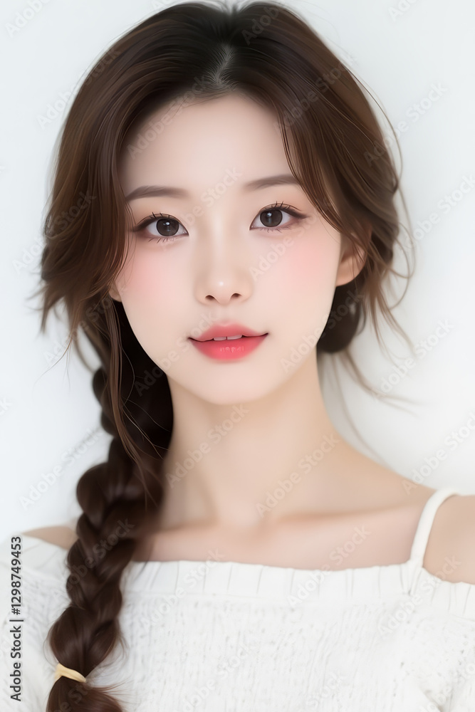Female Asian Model with Braided Hair - Young Beautiful Woman with a Braid - Studio Portrait of Asian Beauty for Fashion, Cosmetic, Skincare - Posing on White Background - Smooth Tied Hair Female Asian Model with Braided Hair - Young Beautiful Woman with a Braid - Studio Portrait of Asian Beauty for Fashion, Cosmetic, Skincare - Posing on White Background - Smooth Tied Hair