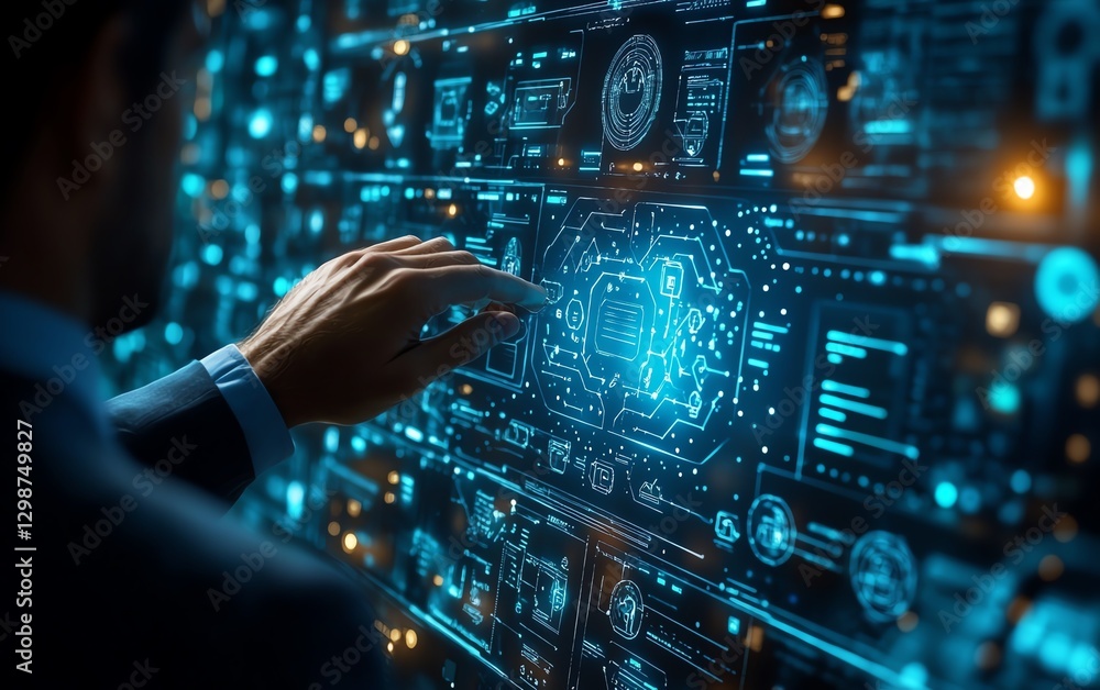 Fototapeta premium Businessman exploring AI ethics in a digital interface