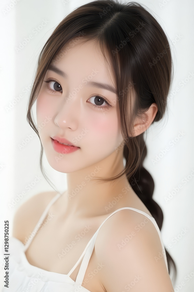 Female Asian Model with Braided Hair - Young Beautiful Woman with a Braid - Studio Portrait of Asian Beauty for Fashion, Cosmetic, Skincare - Posing on White Background - Smooth Tied Hair Female Asian Model with Braided Hair - Young Beautiful Woman with a Braid - Studio Portrait of Asian Beauty for Fashion, Cosmetic, Skincare - Posing on White Background - Smooth Tied Hair