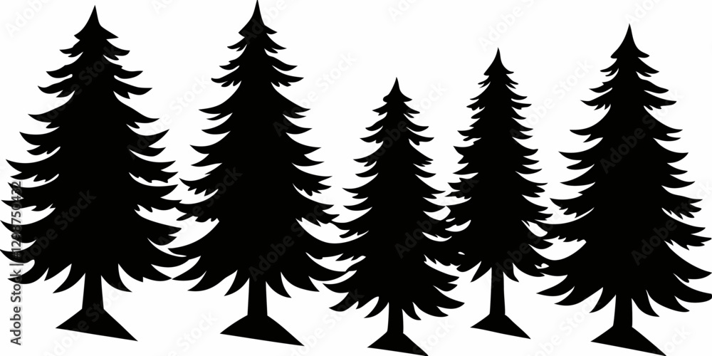 Pine Tree Silhouettes – Black and White Forest Illustration Set.