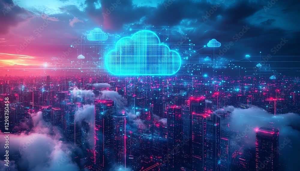 Futuristic cityscape above the clouds with glowing digital network connections Futuristic cityscape above the clouds with glowing digital network connections