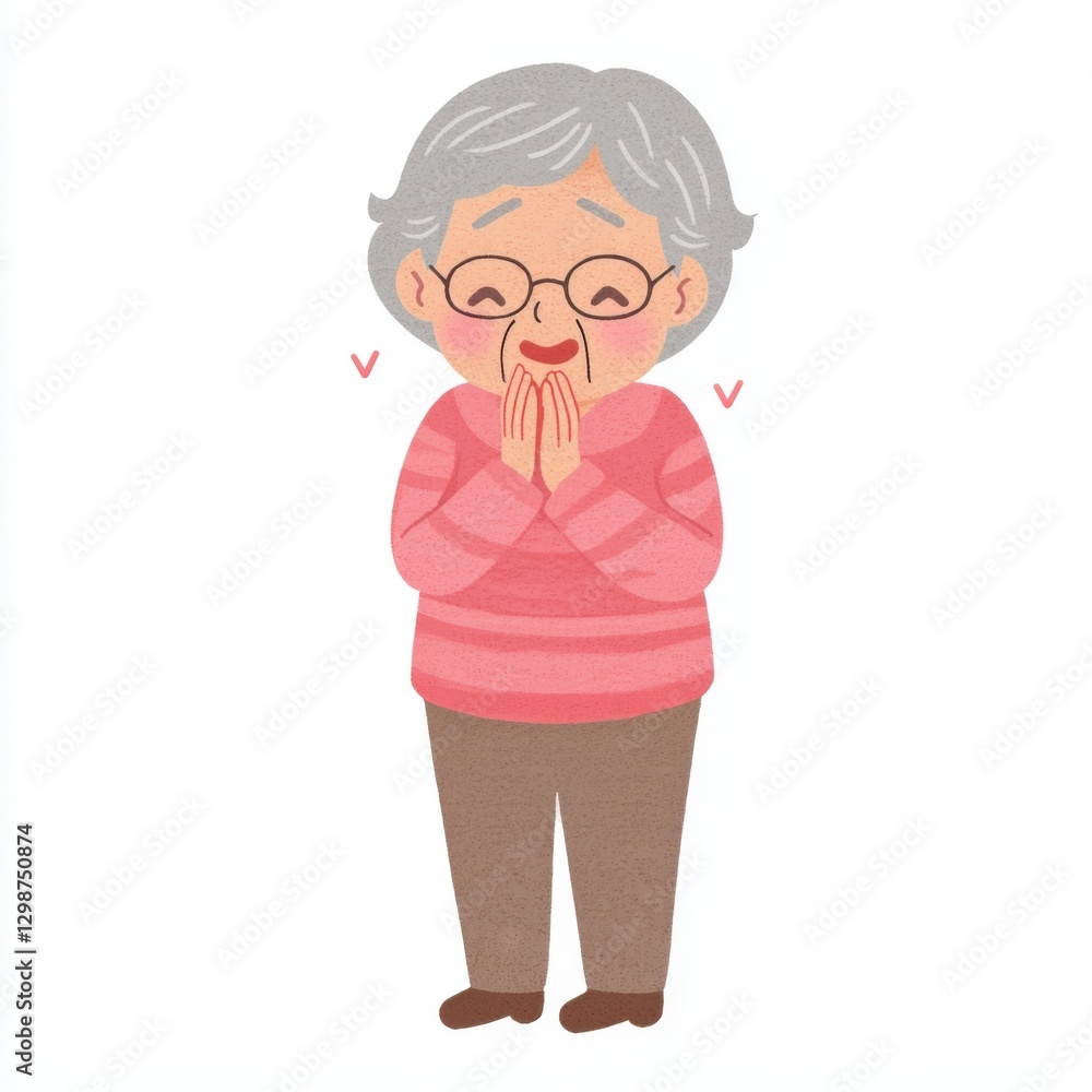 A cheerful elderly woman with glasses expresses joy, clasping her hands together, embodying warmth and happiness in a cute illustration. A cheerful elderly woman with glasses expresses joy, clasping her hands together, embodying warmth and happiness in a cute illustration.