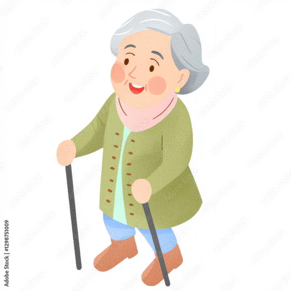 A cheerful elderly woman with gray hair, using walking sticks, dressed in a cozy green cardigan and blue pants. A cheerful elderly woman with gray hair, using walking sticks, dressed in a cozy green cardigan and blue pants.