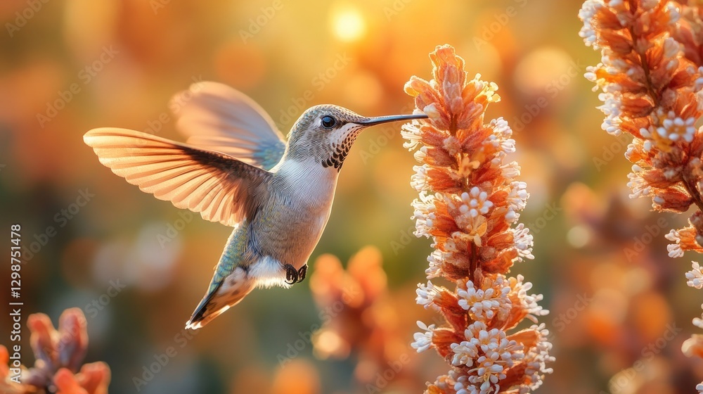 Obraz premium Hummingbird feeding on orange flower in sunlit garden with soft, bokeh background