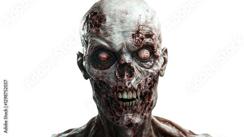 A grotesque zombie head featuring decayed flesh, hollow eyes, and a menacing grin. isolated on white background.